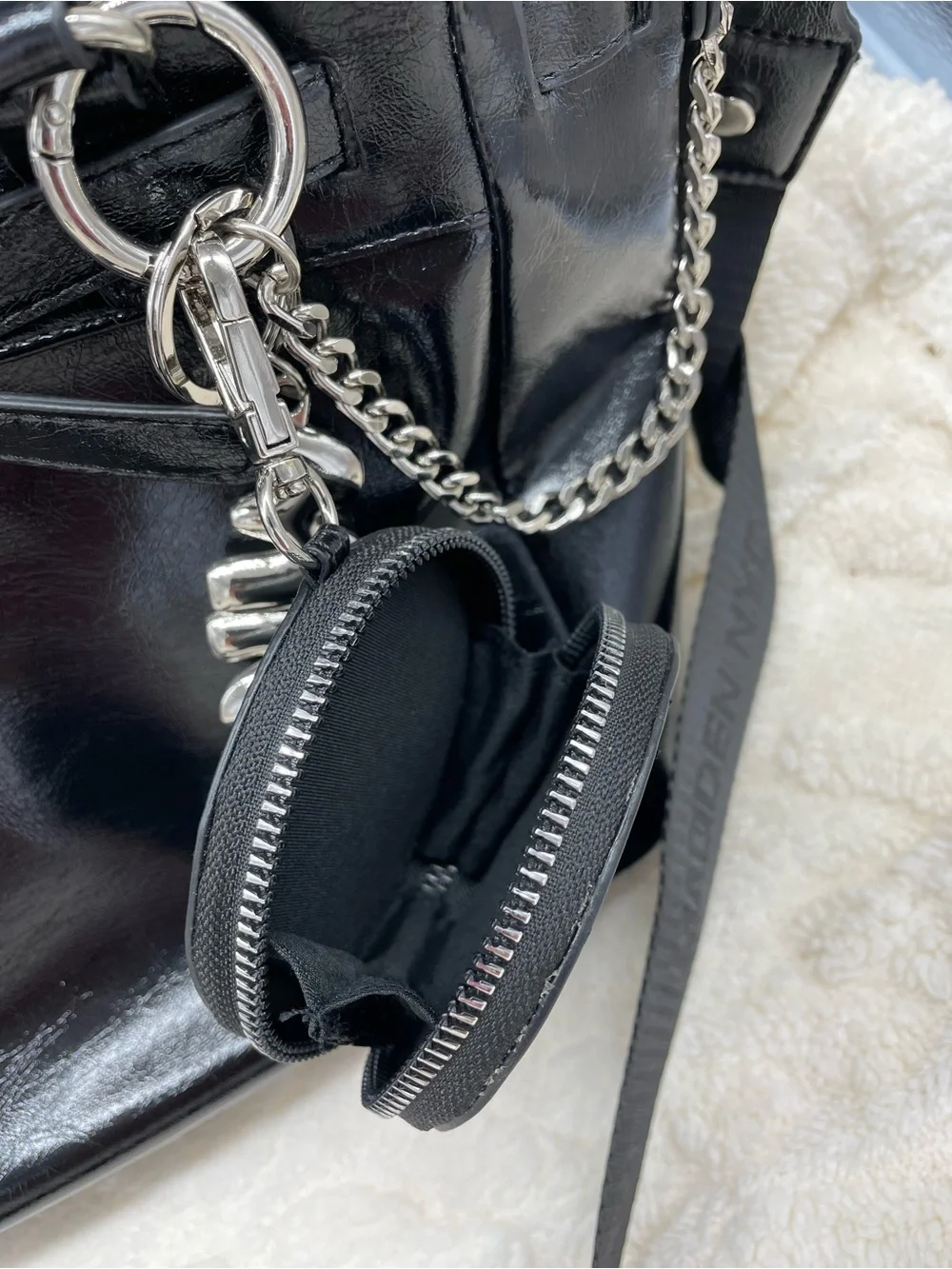Steve Madden/ Madden NYC Black Patent Satchel with Branded Strap and Coin Pouch